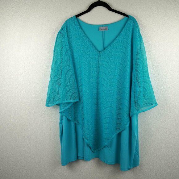 Catherines 6X Turquoise‎ Crochet Overlay Top Boho Poncho Style Plus Size - Picture 4 of 10